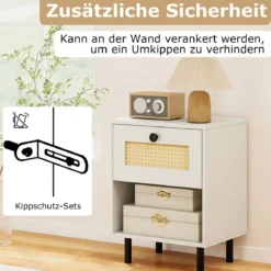 Nachttisch Boho-Stil mit Rattan-Schublade 4 stabile Beine 2 Kippsicherungen 40x30x52cm weiß