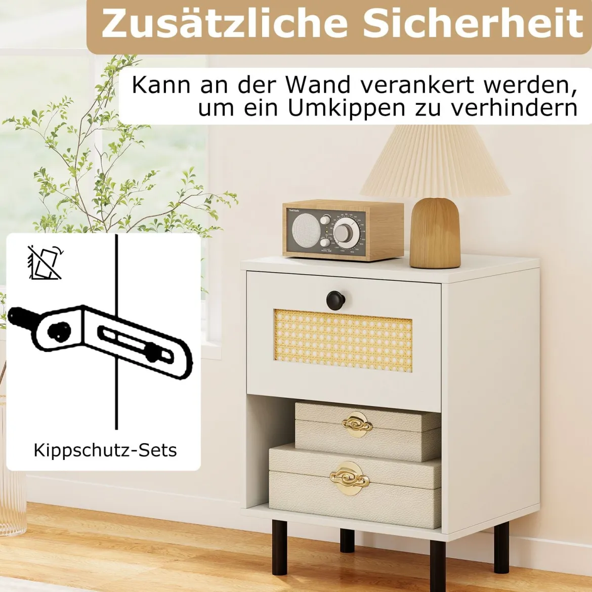 Nachttisch Boho-Stil mit Rattan-Schublade 4 stabile Beine 2 Kippsicherungen 40x30x52cm weiß