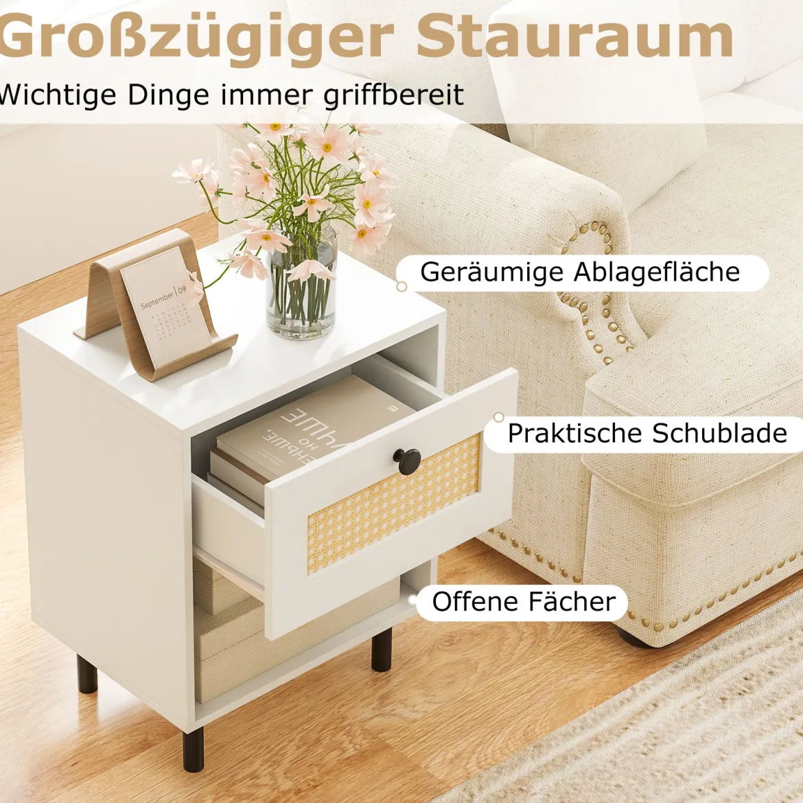 Nachttisch Boho-Stil mit Rattan-Schublade 4 stabile Beine 2 Kippsicherungen 40x30x52cm weiß
