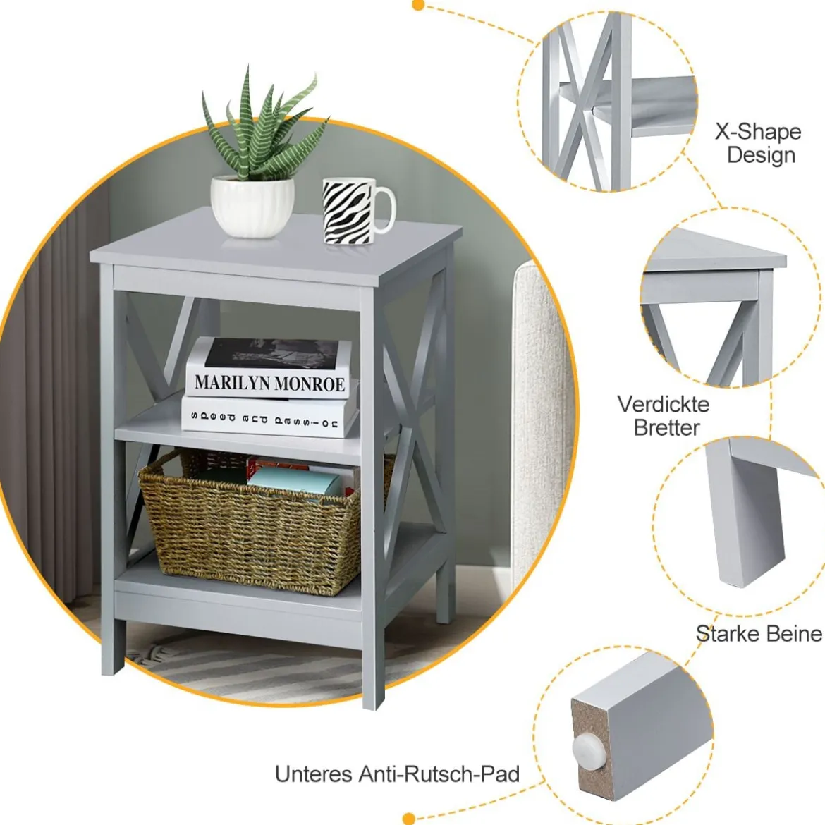 Nachttisch 3 Ebenen Beistelltisch 2 Pack Nachtschrank 40 x 40 x 61 cm Sofatisch Grau