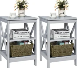 Nachttisch 3 Ebenen Beistelltisch 2 Pack Nachtschrank 40 x 40 x 61 cm Sofatisch Grau