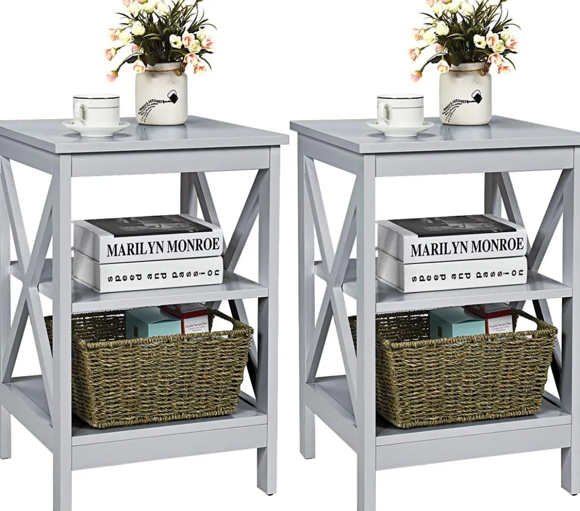 Nachttisch 3 Ebenen Beistelltisch 2 Pack Nachtschrank 40 x 40 x 61 cm Sofatisch Grau