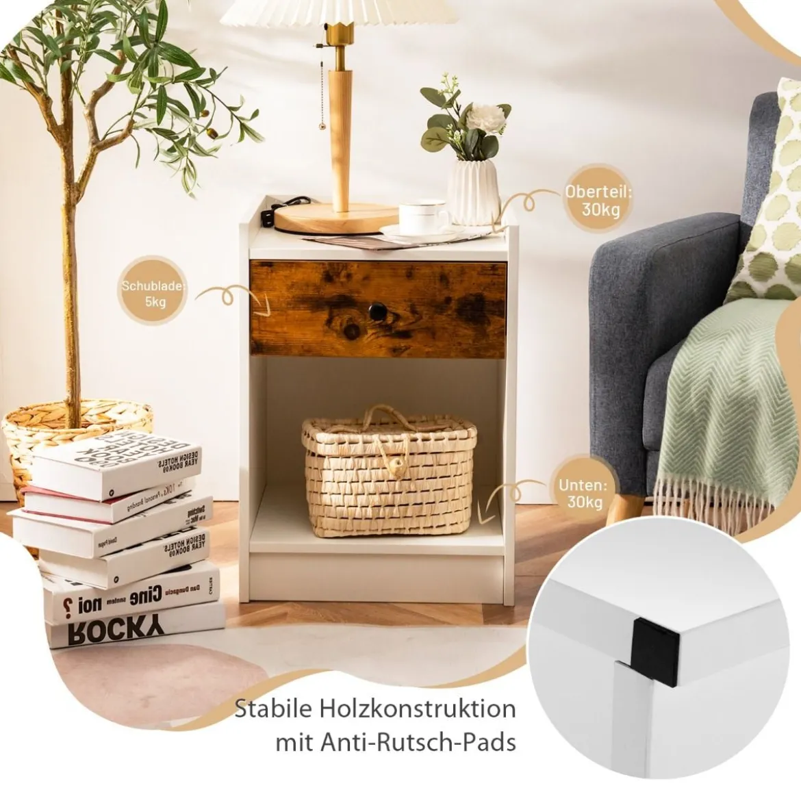 Nachttische 2er Set Moderne Beistelltische mit Aufbewahrungsschublade & offenem Fach 43 x 40 x 60 cm Weiß
