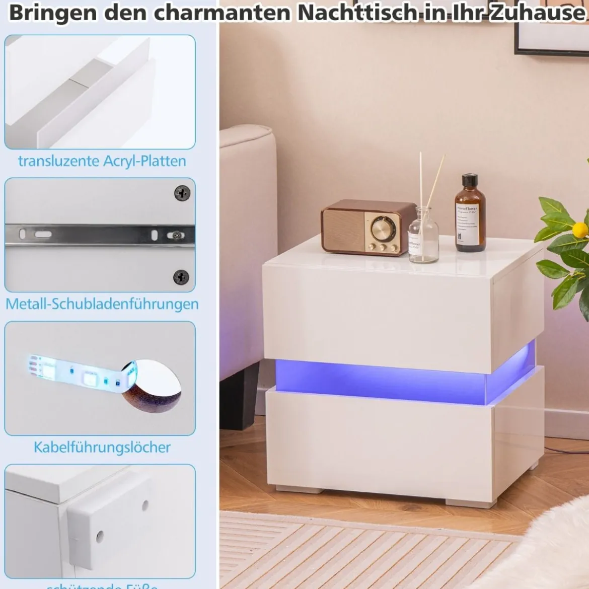 Nachttisch 1/2er Set LED Nachtkästchen Hochglanz Nachtschrank Nachtkommode mit 2 Schubladen Schwarz/Weiß