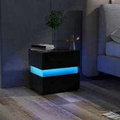 Nachttisch 1/2er Set LED Nachtkästchen Hochglanz Nachtschrank Nachtkommode mit 2 Schubladen Schwarz/Weiß