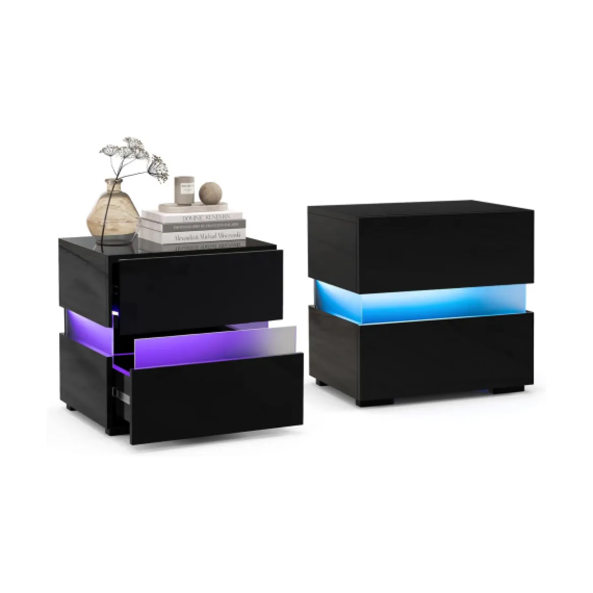 Nachttisch 1/2er Set LED Nachtkästchen Hochglanz Nachtschrank Nachtkommode mit 2 Schubladen Schwarz/Weiß