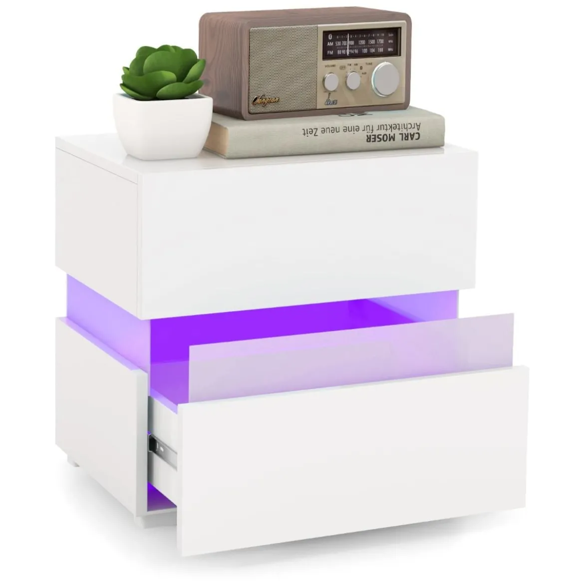 Nachttisch 1/2er Set LED Nachtkästchen Hochglanz Nachtschrank Nachtkommode mit 2 Schubladen Schwarz/Weiß