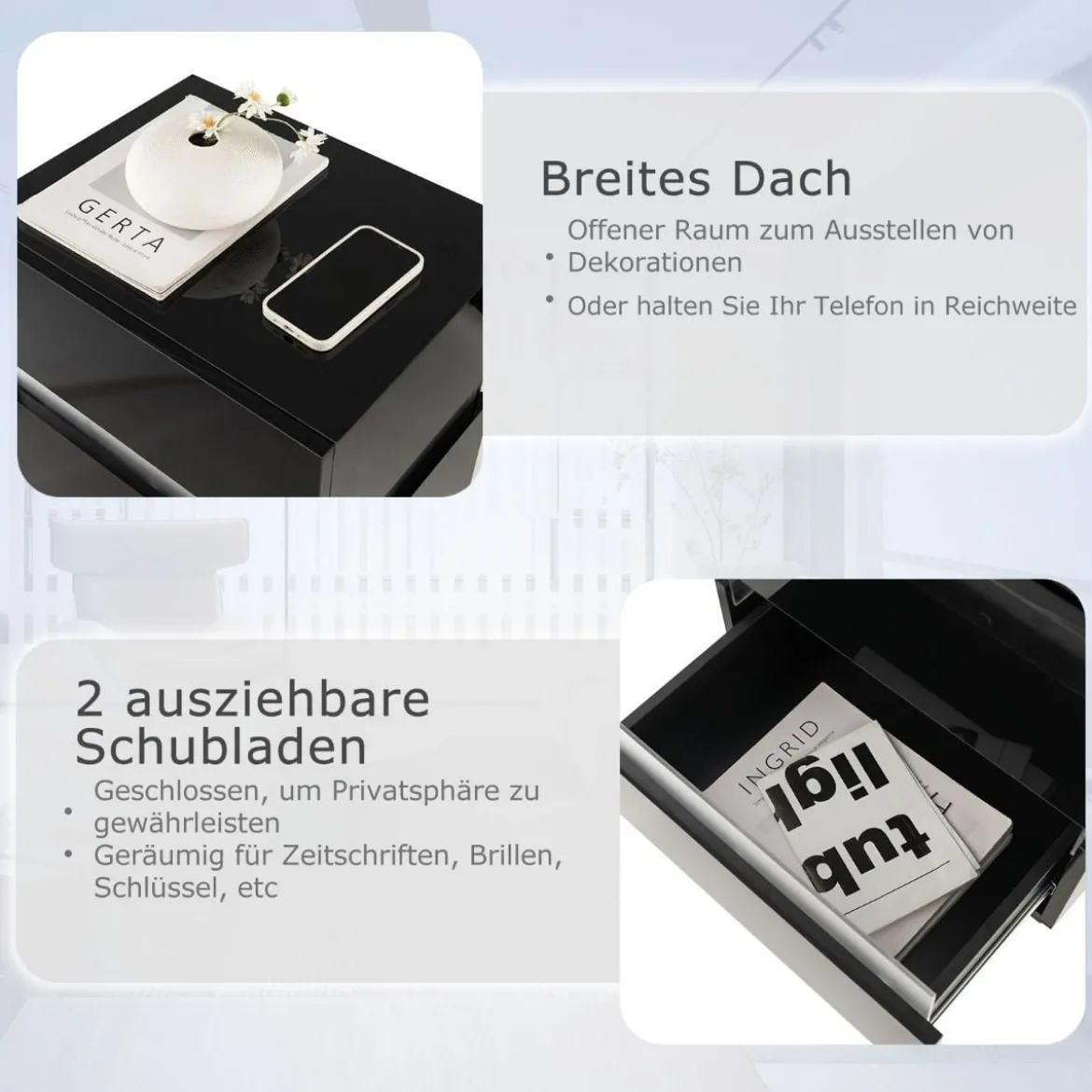 Nachttisch 1/2er Set LED Nachtkästchen Hochglanz Nachtschrank Nachtkommode mit 2 Schubladen Schwarz/Weiß