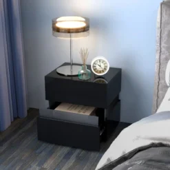 Nachttisch 1/2er Set LED Nachtkästchen Hochglanz Nachtschrank Nachtkommode mit 2 Schubladen Schwarz/Weiß