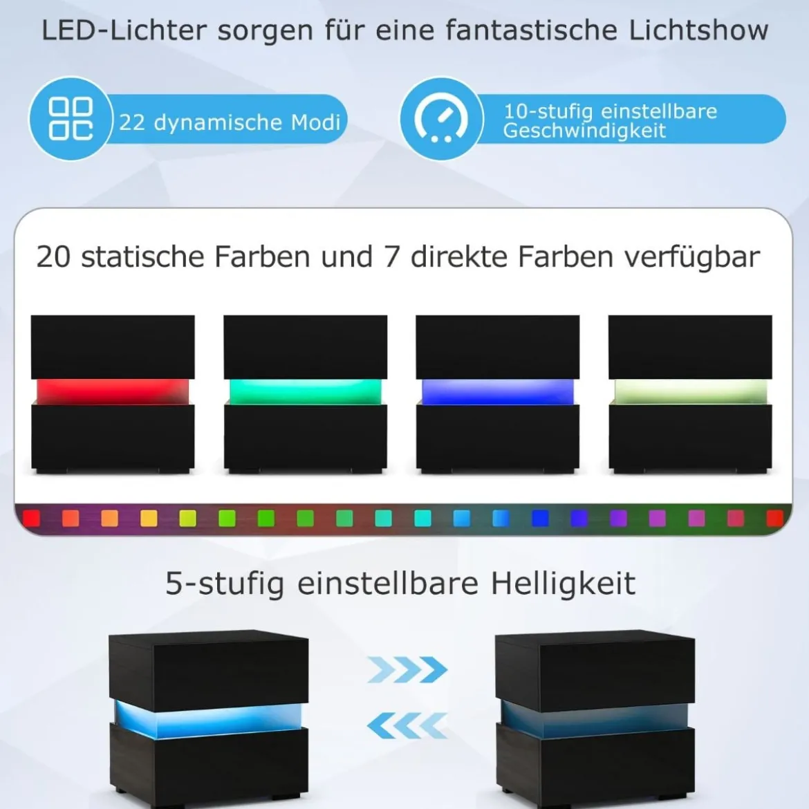 Nachttisch 1/2er Set LED Nachtkästchen Hochglanz Nachtschrank Nachtkommode mit 2 Schubladen Schwarz/Weiß