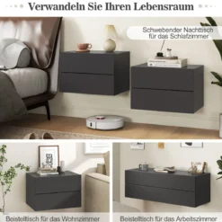 Nachttisch hängend Wandregal mit 2 Schubladen Beistelltisch wandmontiert 42 x 30 x 28 cm Weiß/Grau