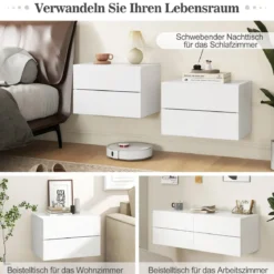 Nachttisch hängend Wandregal mit 2 Schubladen Beistelltisch wandmontiert 42 x 30 x 28 cm Weiß/Grau
