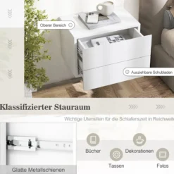 Nachttisch hängend Wandregal mit 2 Schubladen Beistelltisch wandmontiert 42 x 30 x 28 cm Weiß/Grau