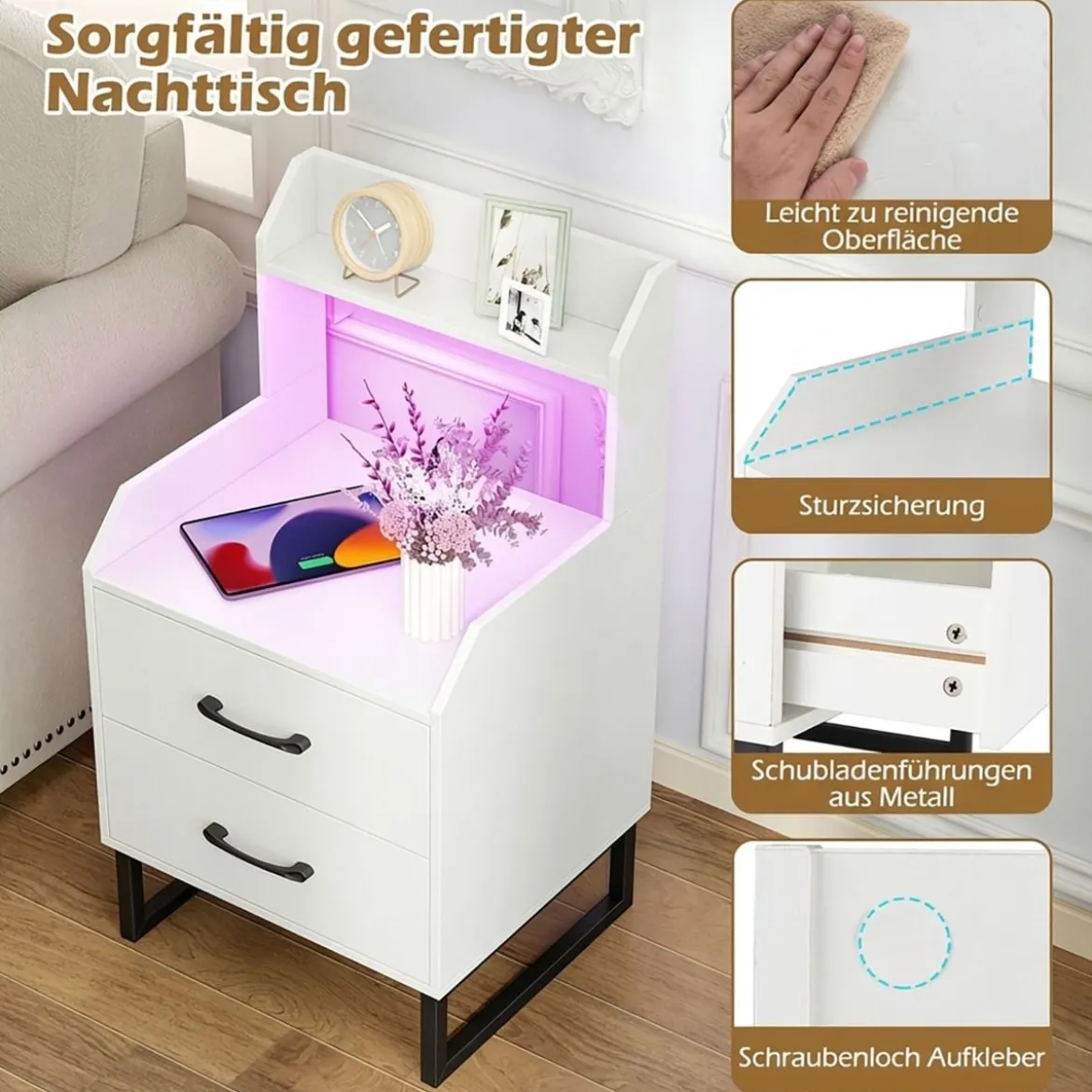 Nachttisch mit Integrierter Ladestation & LED-Lichtern & 2 Schubladen Moderner Beistelltisch Weiß