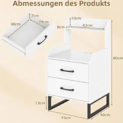 Nachttisch mit Integrierter Ladestation & LED-Lichtern & 2 Schubladen Moderner Beistelltisch Weiß