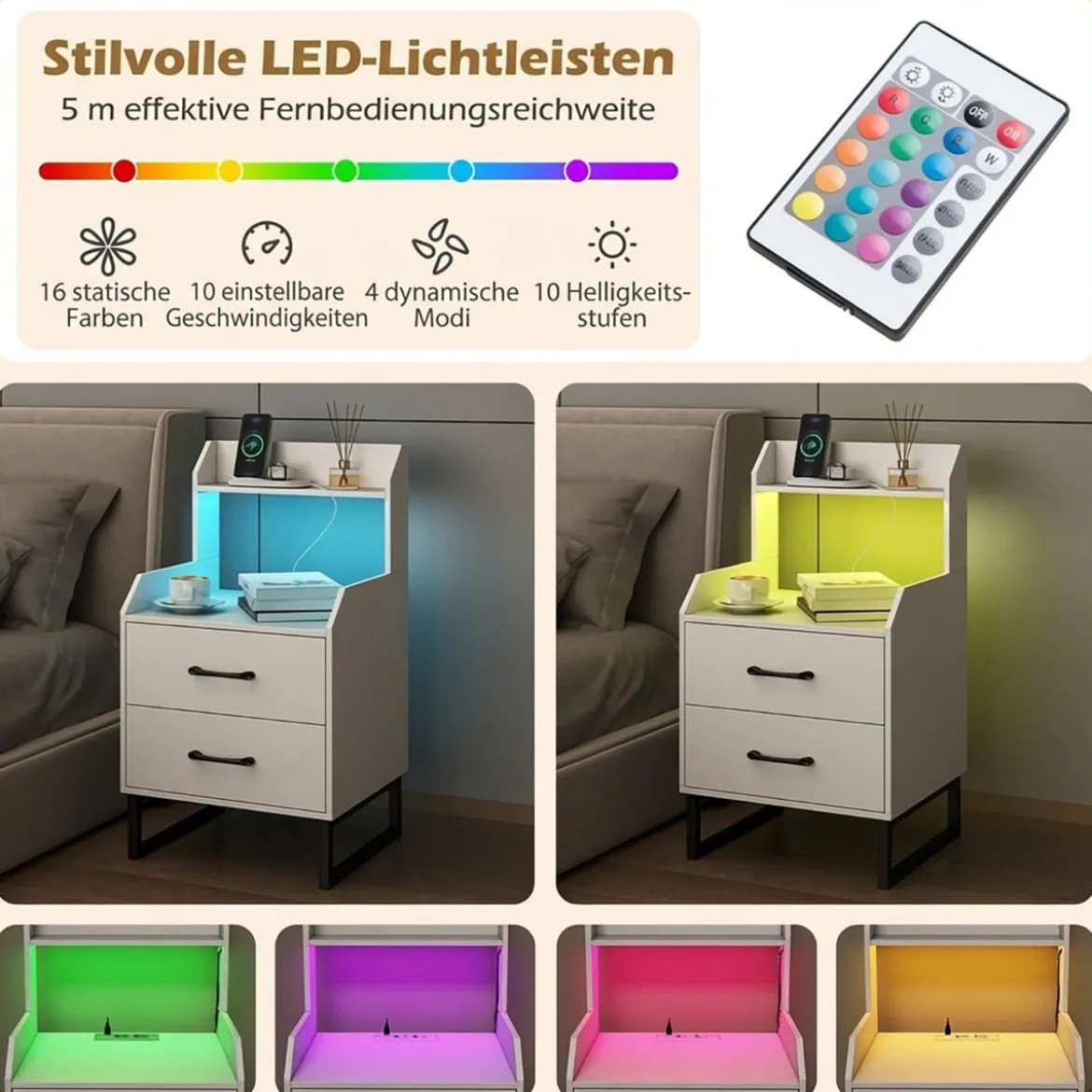 Nachttisch mit Integrierter Ladestation & LED-Lichtern & 2 Schubladen Moderner Beistelltisch Weiß