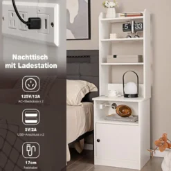 Nachttisch mit Ladefunktion Nachtschrank mit offenen Regalen und Schrank für Boxspringbett 45 x 36 x 140,5 cm Weiß
