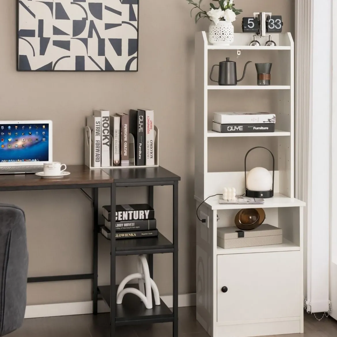 Nachttisch mit Ladefunktion & Offenen Regalen & Schrank für Boxspringbett Weiß