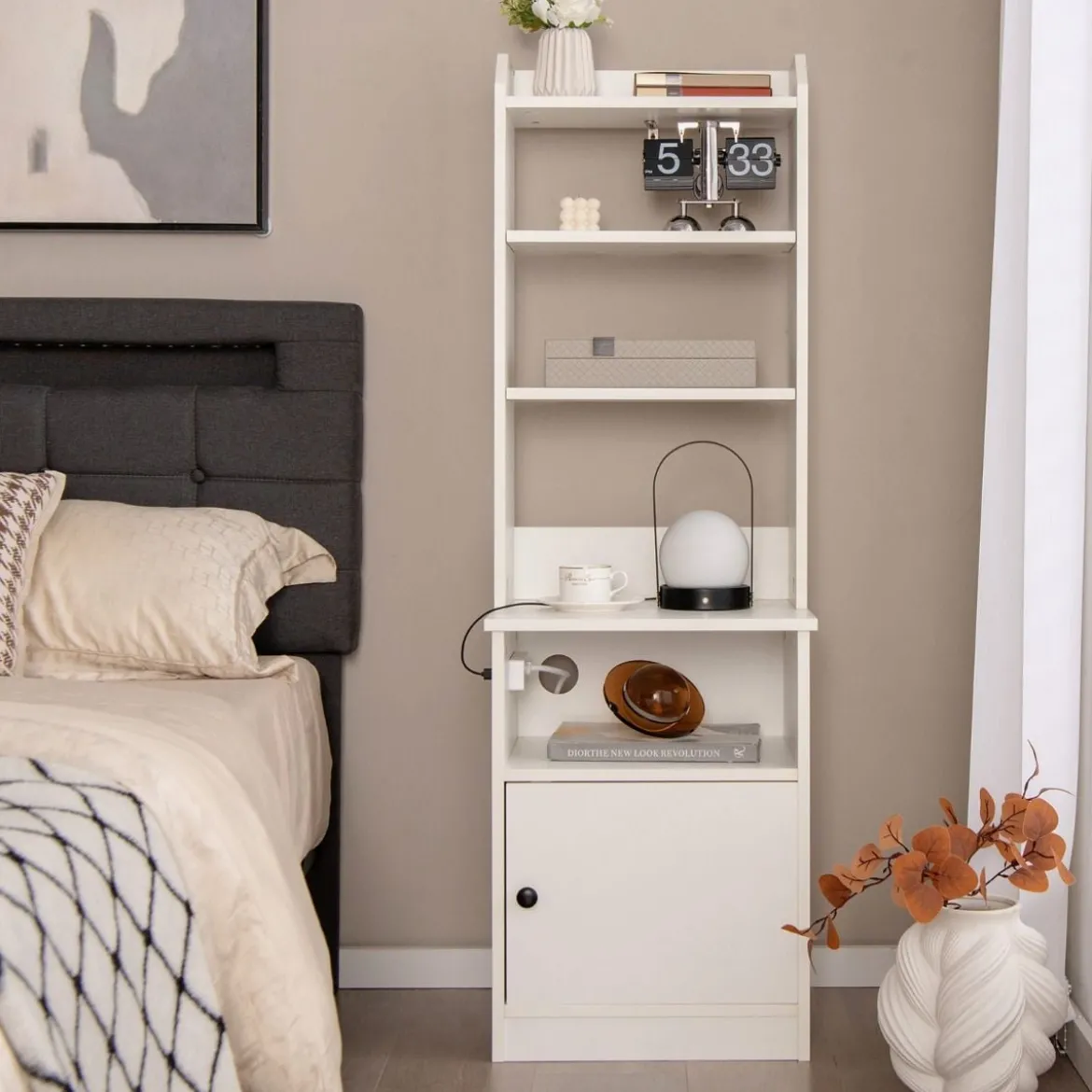 Nachttisch mit Ladefunktion & Offenen Regalen & Schrank für Boxspringbett Weiß