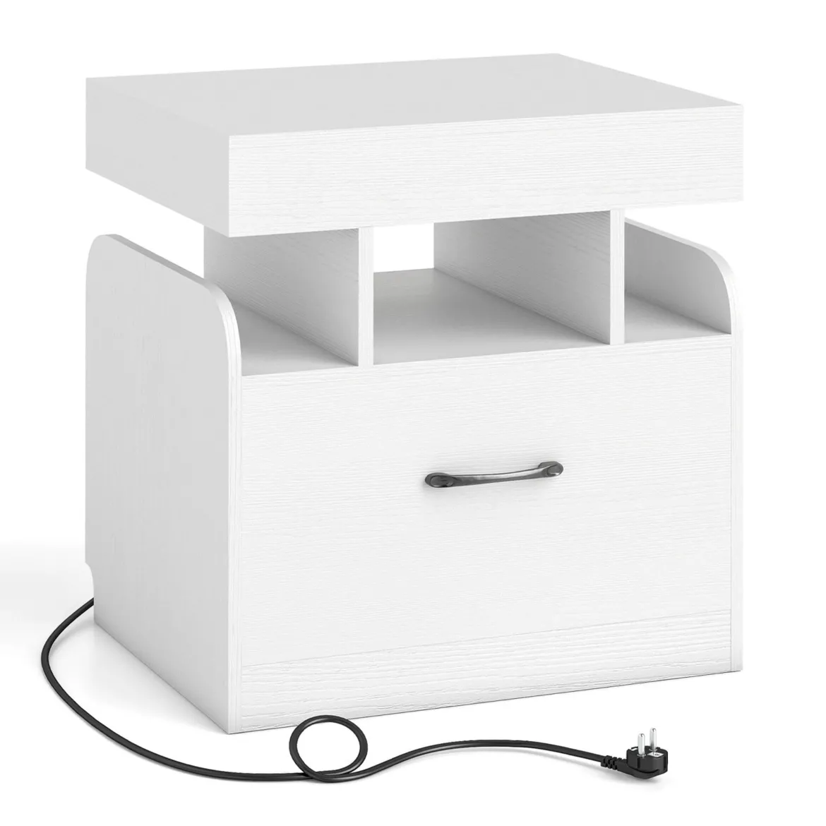 Nachttisch mit Ladestation Beistelltisch mit Schublade Nachtschrank mit offenen Fächern 50 x 40 x 55 cm Weiß