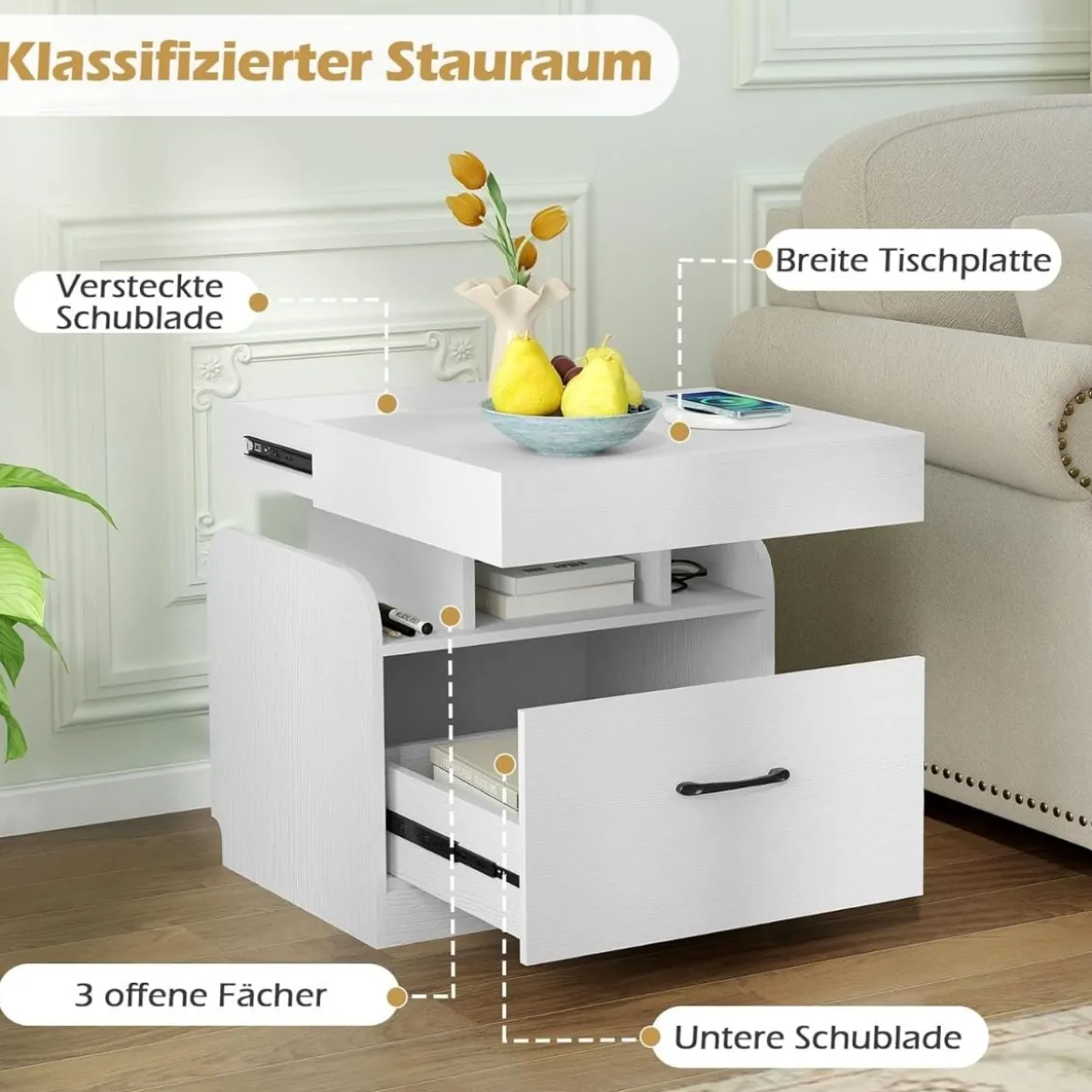 Nachttisch mit Ladestation Beistelltisch mit Schublade Nachtschrank mit offenen Fächern 50 x 40 x 55 cm Weiß