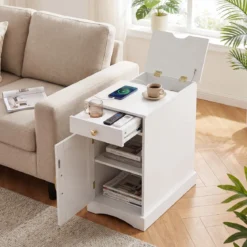 Nachttisch mit Ladestation Beistelltisch mit Verstellbarem Regal Holz Nachtschrank Weiß