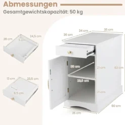 Nachttisch mit Ladestation Beistelltisch mit Verstellbarem Regal Holz Nachtschrank Weiß