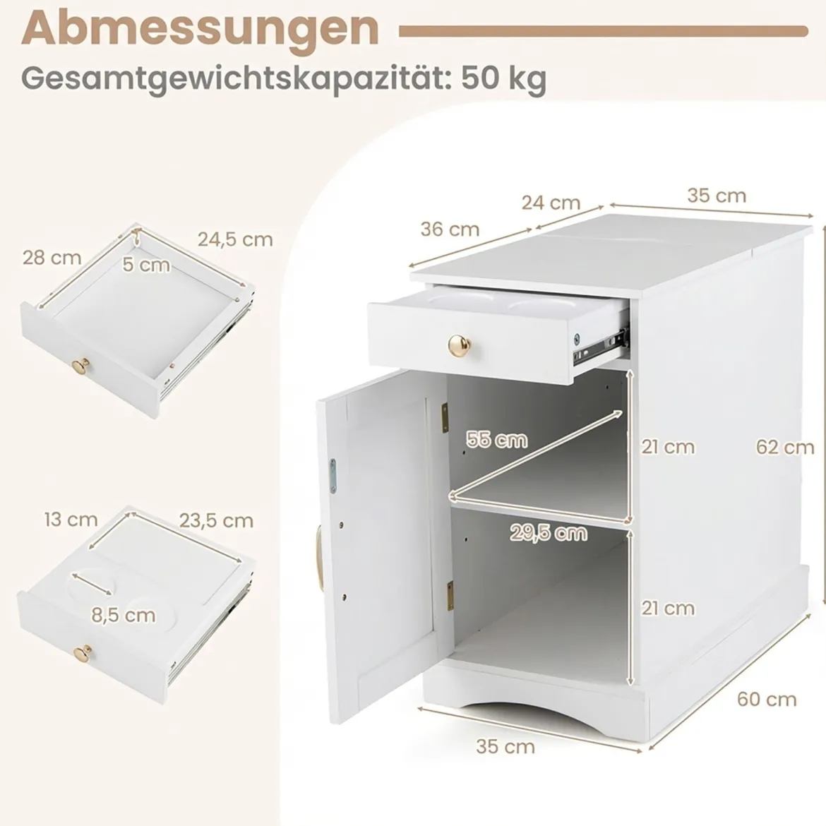 Nachttisch mit Ladestation Beistelltisch mit Verstellbarem Regal Holz Nachtschrank Weiß
