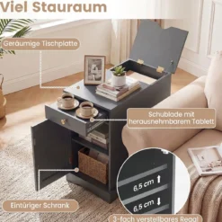 Nachttisch mit Ladestation Beistelltisch mit Verstellbarem Regal Holz Nachtschrank Grau