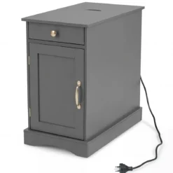 Nachttisch mit Ladestation Beistelltisch mit Verstellbarem Regal Holz Nachtschrank Grau