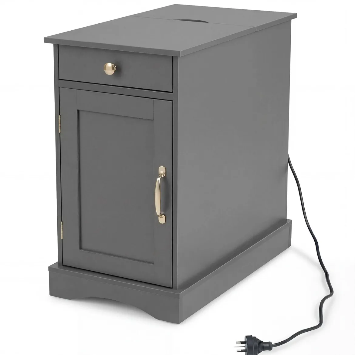 Nachttisch mit Ladestation Beistelltisch mit Verstellbarem Regal Holz Nachtschrank Grau
