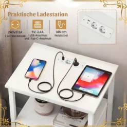 Nachttisch mit Ladestation Beistelltisch mit Stoffschublade & offenen Ablagefächern Weiß