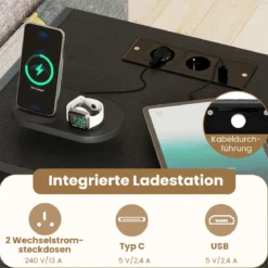 Nachttisch mit Ladestation Industrial Beistelltisch mit offenem Fach Schublade & Ablage kompakter Nachttisch Schwarz