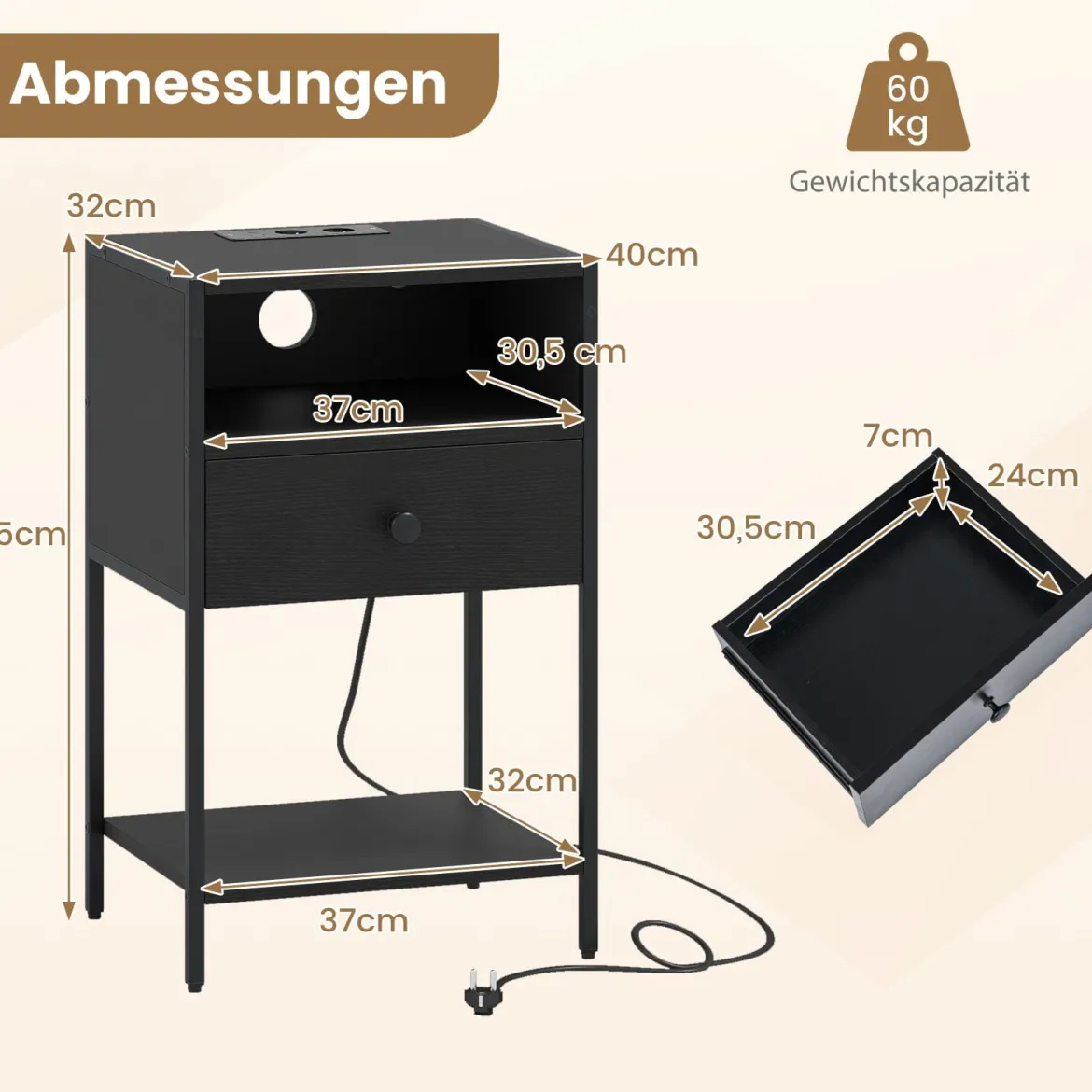 Nachttisch mit Ladestation Industrial Beistelltisch mit offenem Fach Schublade & Ablage kompakter Nachttisch Schwarz