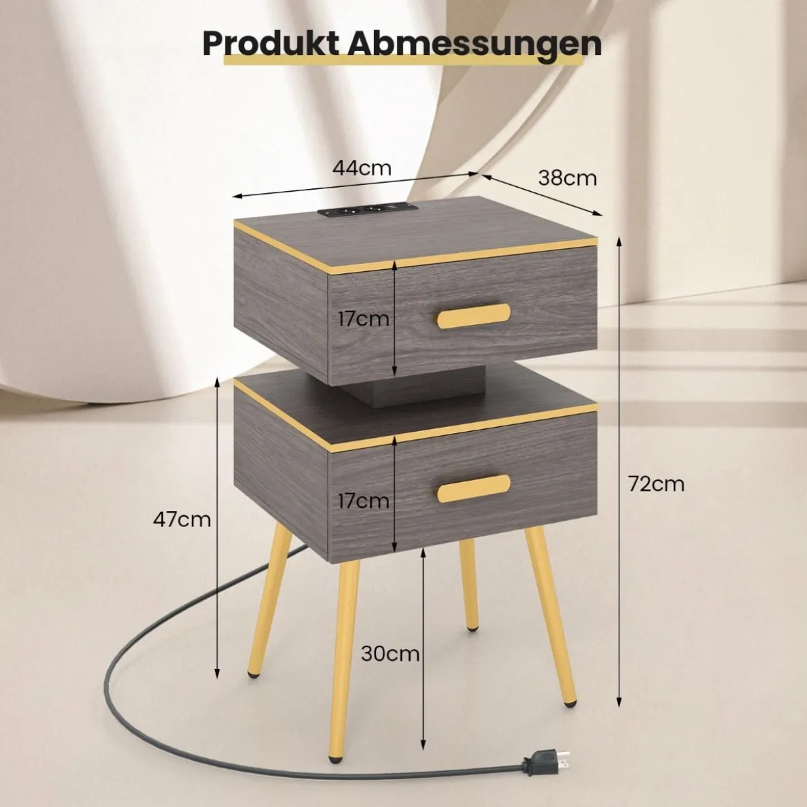 Nachttisch mit Ladestation & LED-Leuchten Nachtschrank mit 2 Schubladen 44 x 38 x 72 cm Grau