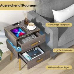 Nachttisch mit Ladestation & LED-Leuchten Nachtschrank mit 2 Schubladen 44 x 38 x 72 cm Grau