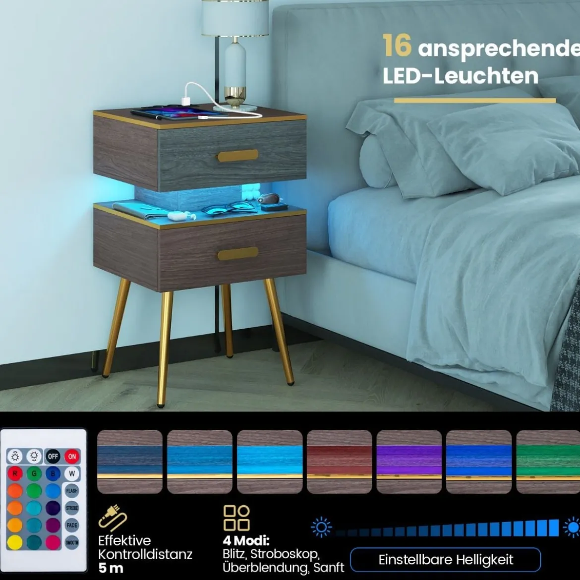 Nachttisch mit Ladestation & LED-Leuchten Nachtschrank mit 2 Schubladen 44 x 38 x 72 cm Grau