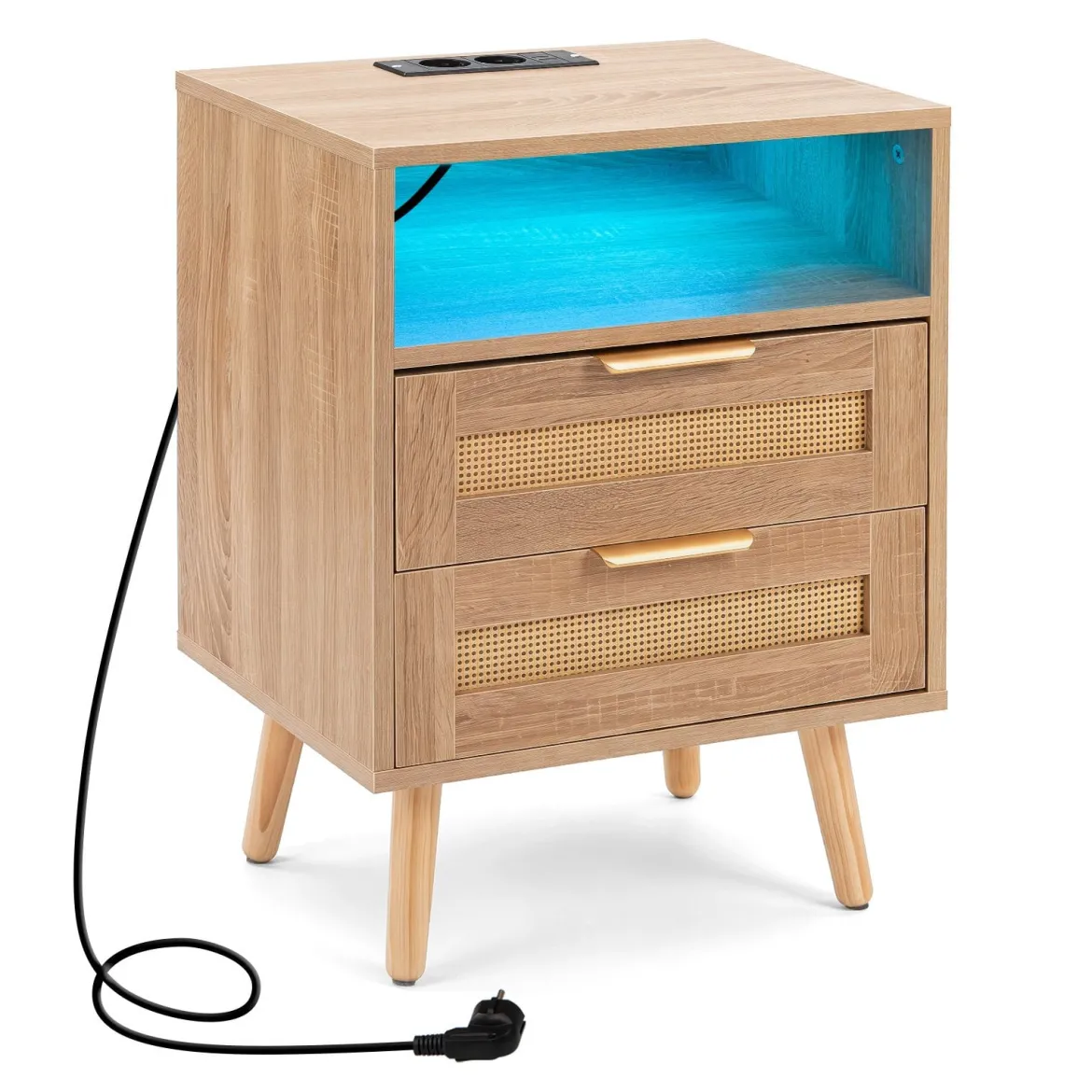 Nachttisch mit Ladestation & LED-Leuchten mit 2 Schubladen Beistelltisch mit Rattan-Optik Natur