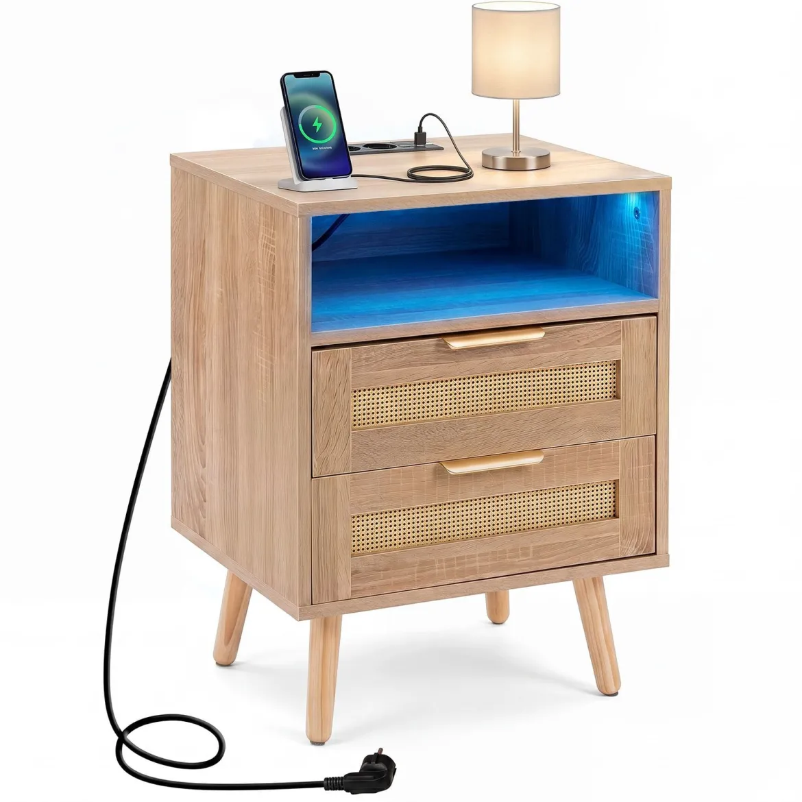 Nachttisch mit Ladestation & LED-Leuchten mit 2 Schubladen Beistelltisch mit Rattan-Optik Natur