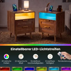 Nachttisch mit Ladestation & LED-Leuchten mit 2 Schubladen Beistelltisch mit Rattan-Optik Natur