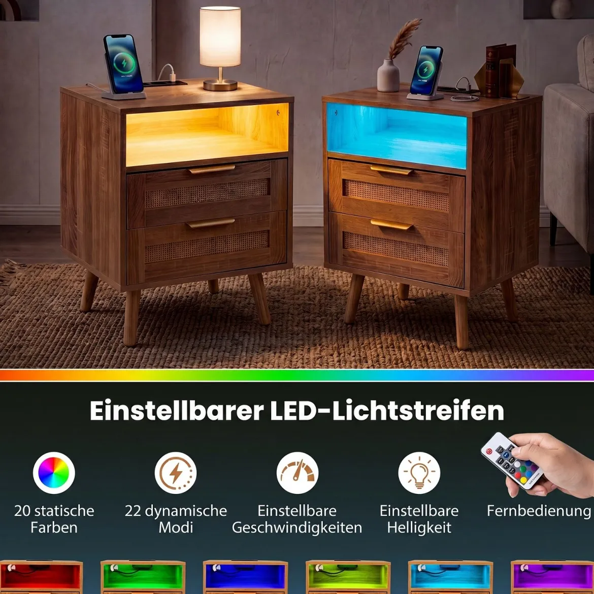 Nachttisch mit Ladestation & LED-Leuchten mit 2 Schubladen Beistelltisch mit Rattan-Optik Natur