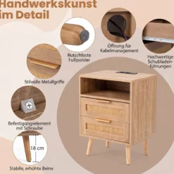 Nachttisch mit Ladestation & LED-Leuchten mit 2 Schubladen Beistelltisch mit Rattan-Optik Natur