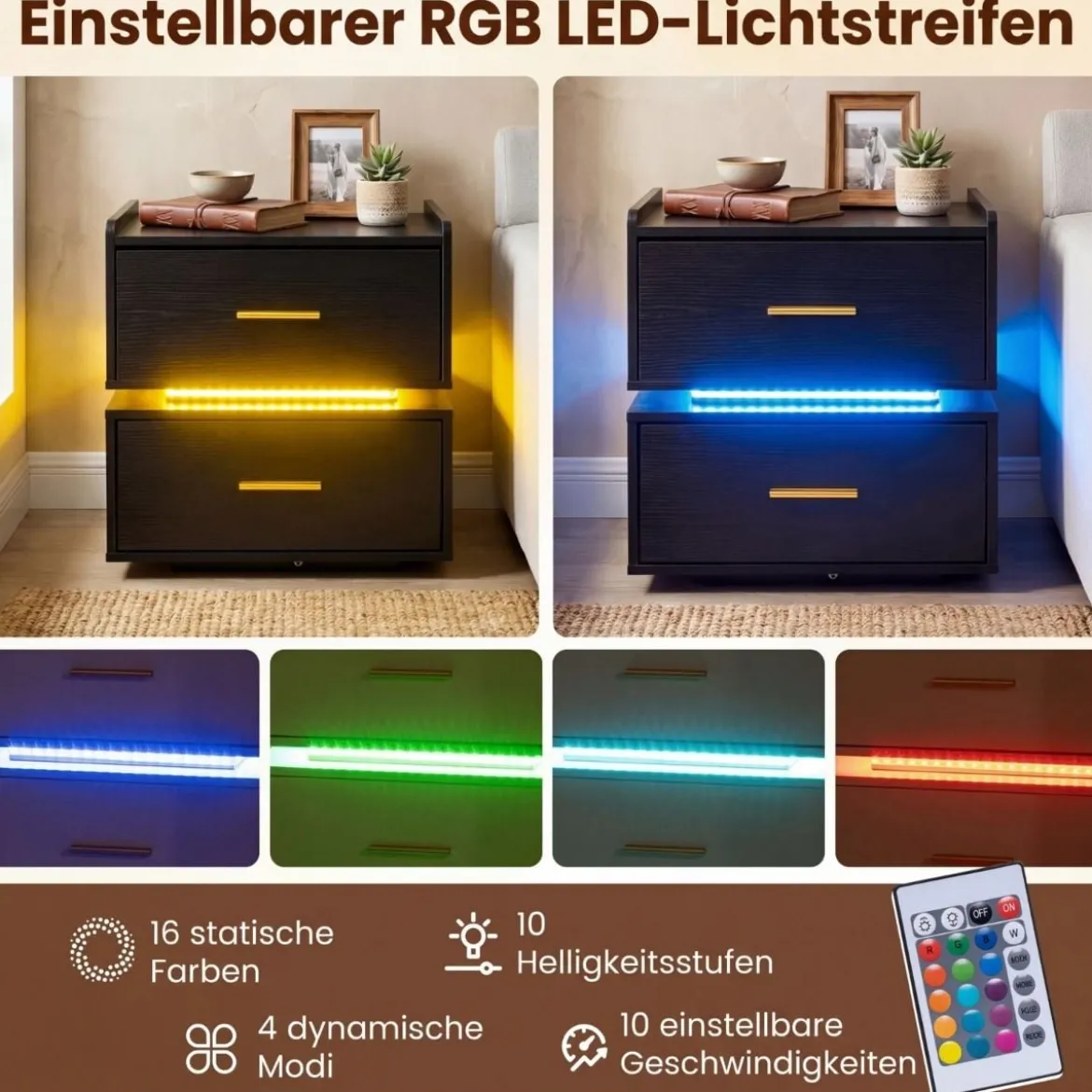 Nachttisch mit Ladestation LED-Bettisch 2 Schubladen modern halb-schwebend mit Metallfuß Schwarz