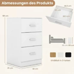 Nachttisch mit Ladestation moderner Nachtschrank mit 3 Aufbewahrungsschubladen 38 x 35 x 66 cm Weiß