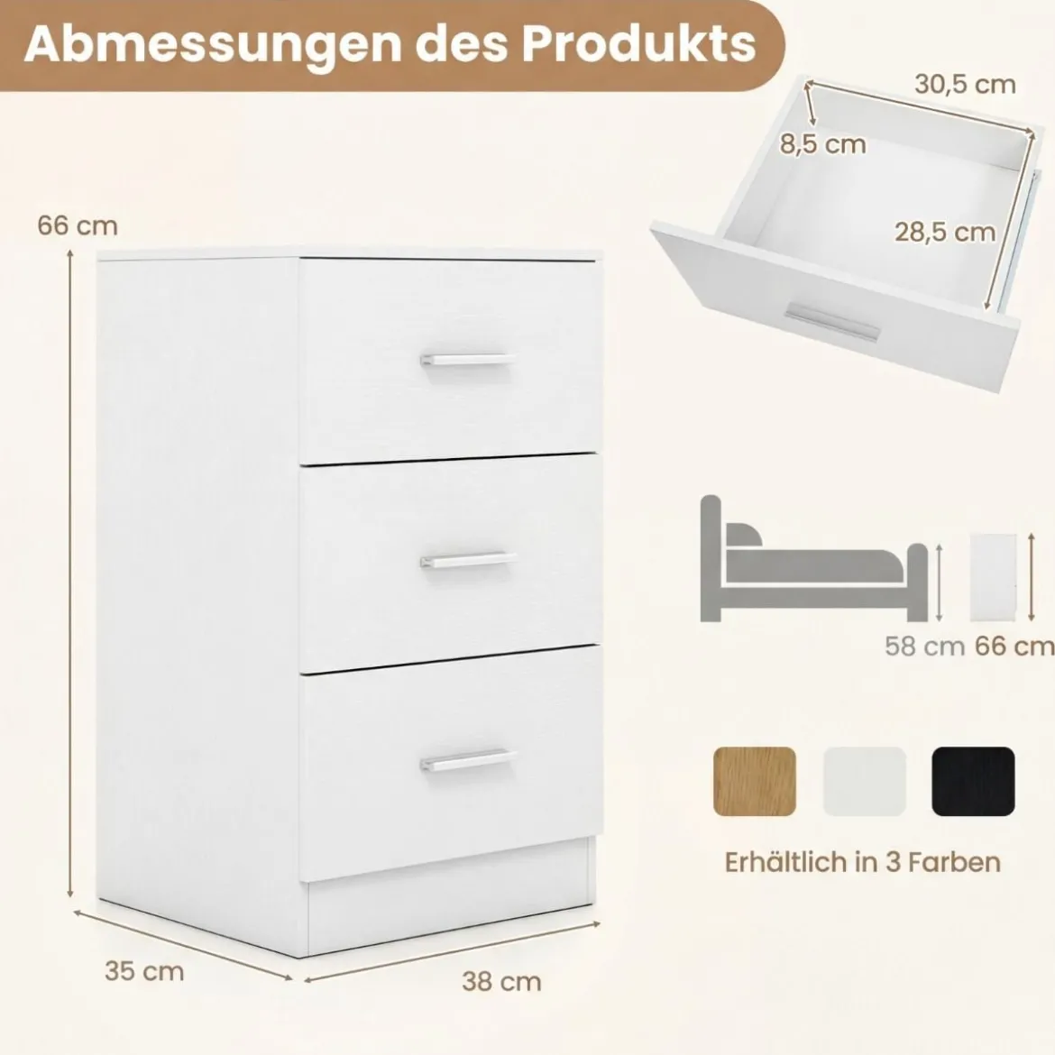 Nachttisch mit Ladestation moderner Nachtschrank mit 3 Aufbewahrungsschubladen 38 x 35 x 66 cm Weiß