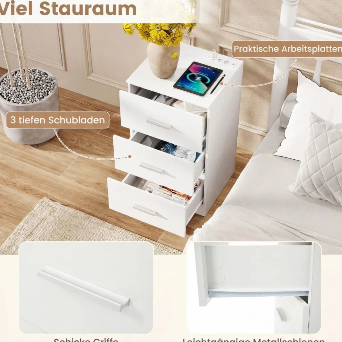 Nachttisch mit Ladestation moderner Nachtschrank mit 3 Aufbewahrungsschubladen 38 x 35 x 66 cm Weiß