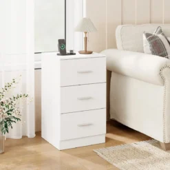 Nachttisch mit Ladestation moderner Nachtschrank mit 3 Aufbewahrungsschubladen 38 x 35 x 66 cm Weiß