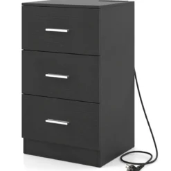 Nachttisch mit Ladestation moderner Nachtschrank mit 3 Aufbewahrungsschubladen Schwarz 38 x 35 x 66 cm