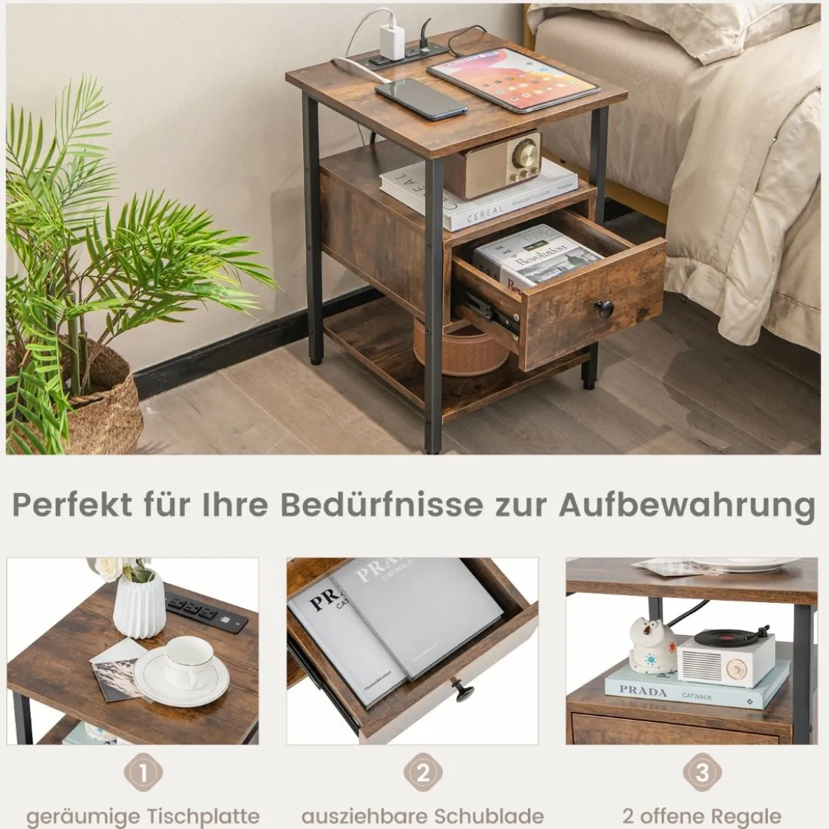 Nachttisch mit Ladestation & Schublade Nachtschrank mit offenen Ablagen 40 x 40 x 55 cm