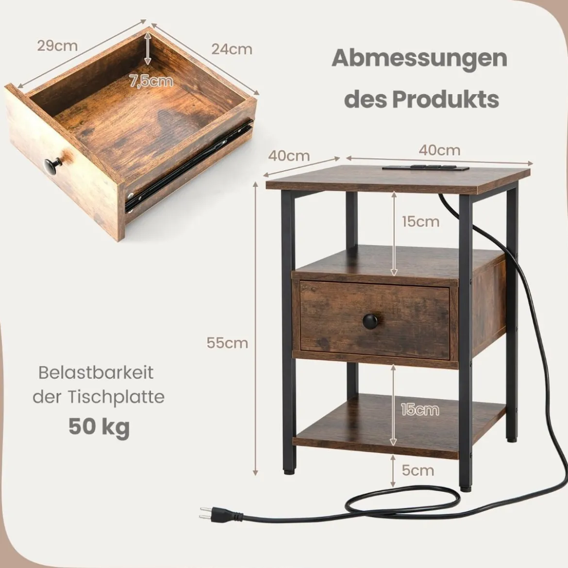 Nachttisch mit Ladestation & Schublade Nachtschrank mit offenen Ablagen 40 x 40 x 55 cm